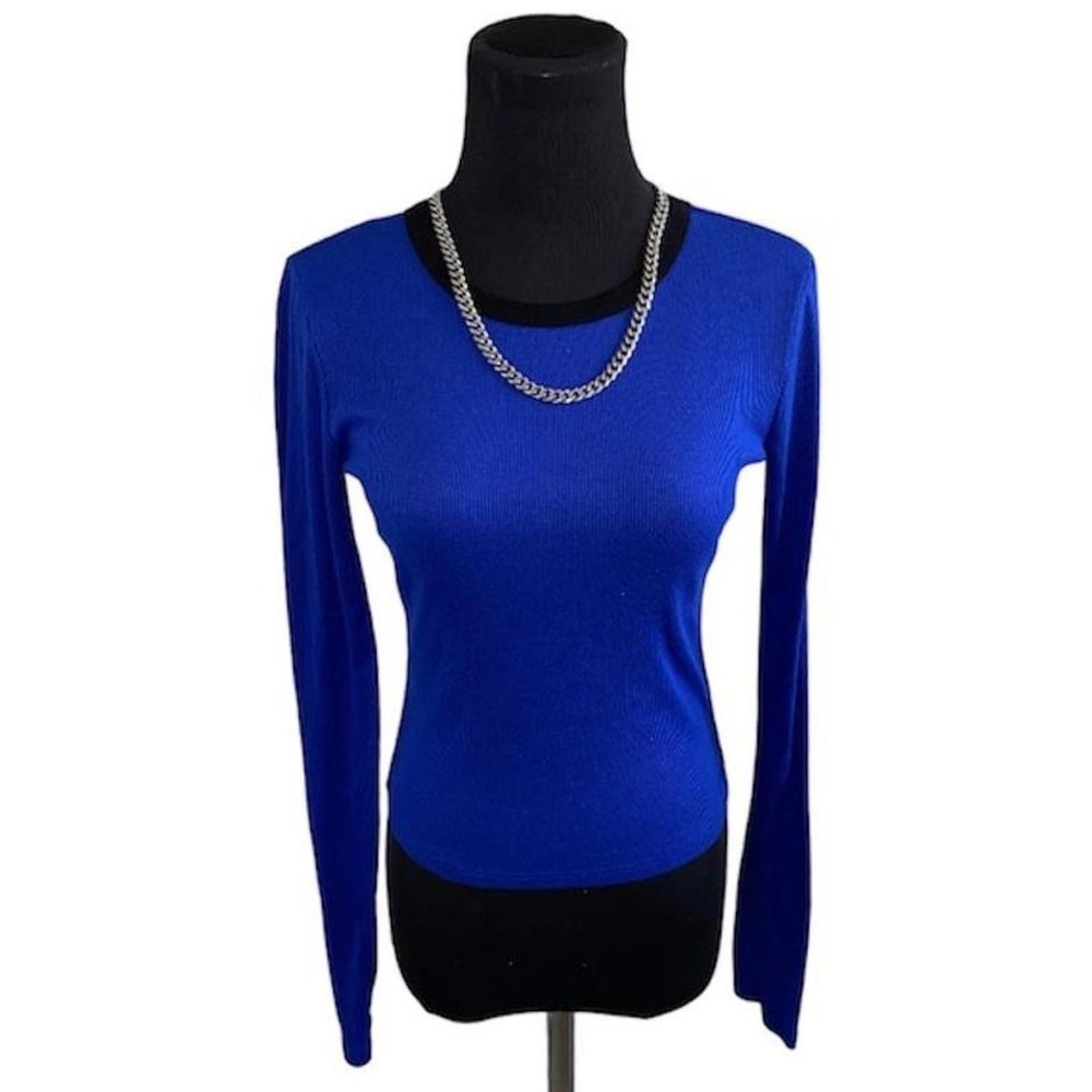 Royal blue long sleeve thermal knit top black lined baseball tee
